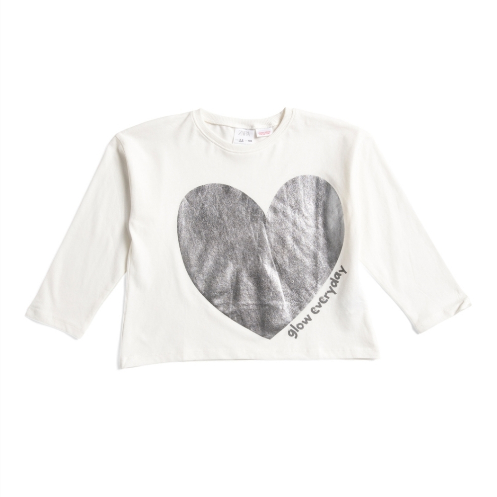 ZARA Girls Silver Heart Long Sleeve Top 5-6